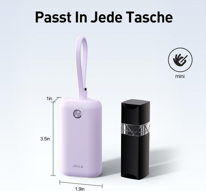 iWALK Mini Tragbares Ladegerät 10000 mAh, 22,5W USB-C Powerbank mit integriertem Kabel, Ultra-kompak