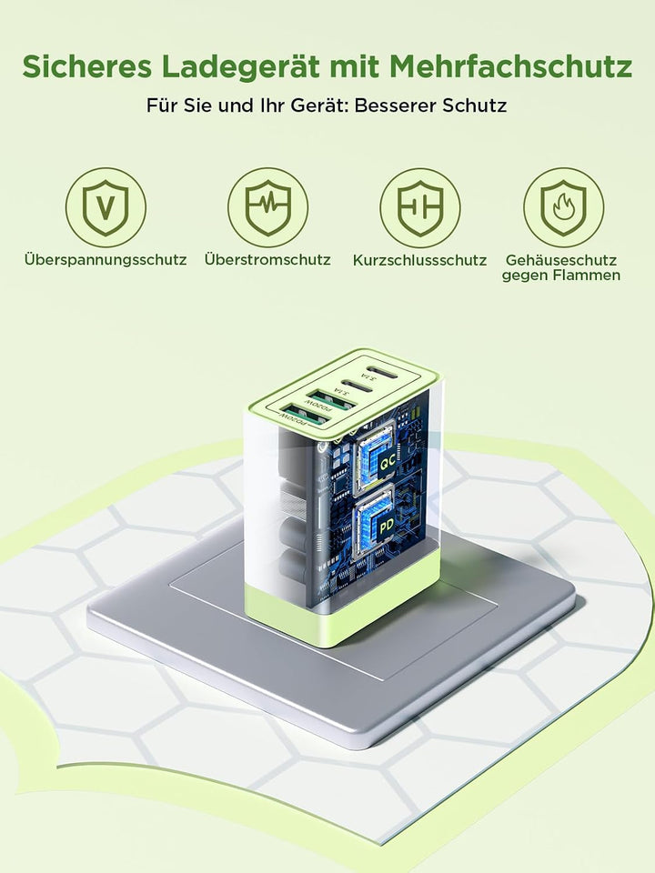 Aioneus USB C Netzteil, 4-Port USB Charger mit Quick Charge &amp; Power Delivery, 40W Schnellladegerät L