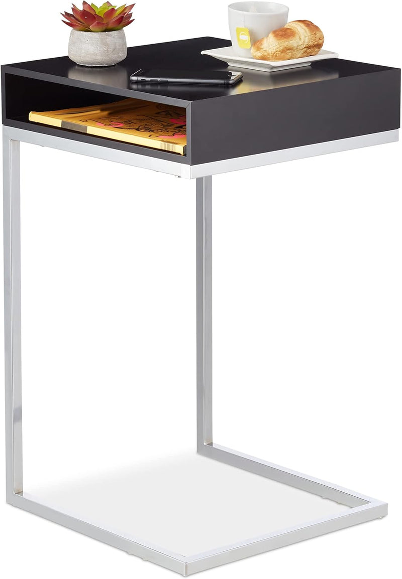 Relaxdays Beistelltisch, C-Form, HBT: 63x37x38 cm, Sofatisch zum Unterschieben, MDF & Metall, Ablage