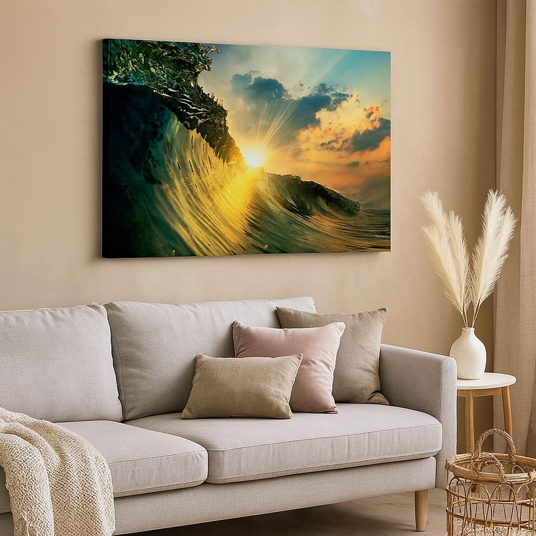 Bilder auf Leinwand 100x70cm Leinwandbild mit Rahmen Meer Welle Wasser Gross Wanddeko Bild Schlafzim
