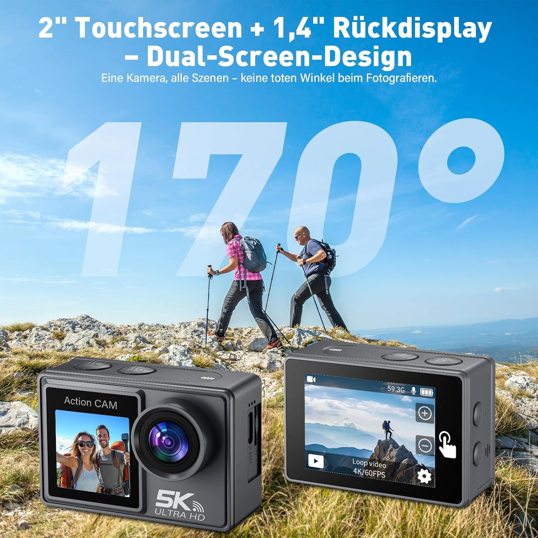 Action Cam 5K 4K60FPS, 50MP 30M/98FT wasserdichte Unterwasserkamera mit EIS, WiFi, 170° Ultra-Weitwi