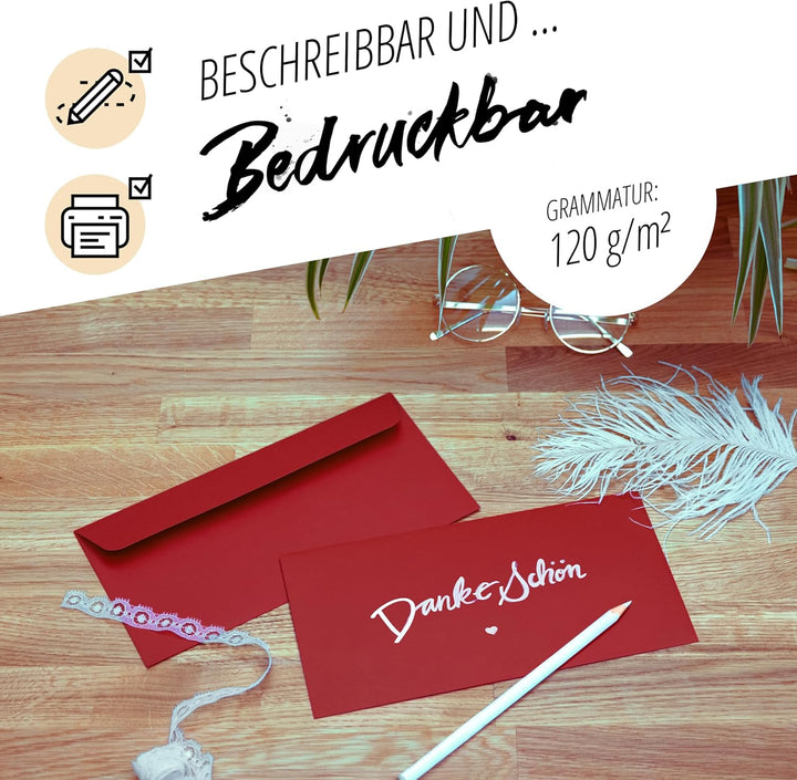 Briefumschläge (100 Stück) aus Papier, Kuvert, Umschlag ohne Fenster - DIN lang - 220 x 110 mm - rot