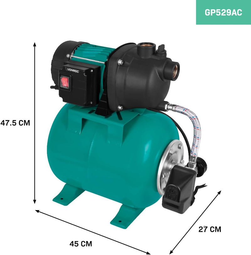VONROC Hauswasserwerk 800W – Automatische Wasserpumpe mit Druckschalter & 19L Tank – 3300 l/h, 4 bar