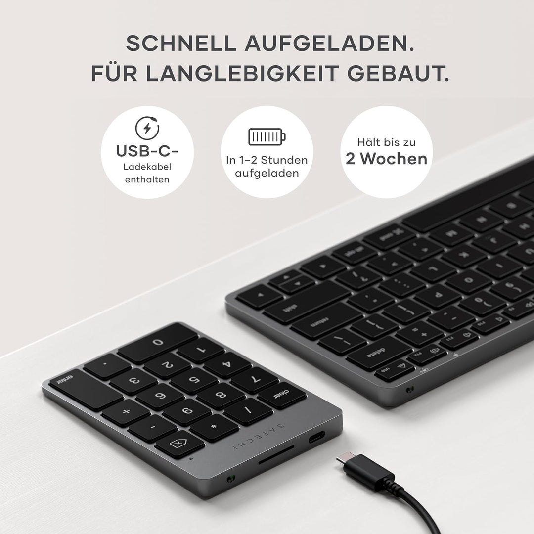 SATECHI Bluetooth Zahlenblock – Kabelloser Aluminium 18-Tasten Nummernblock – USB-C wiederaufladbare