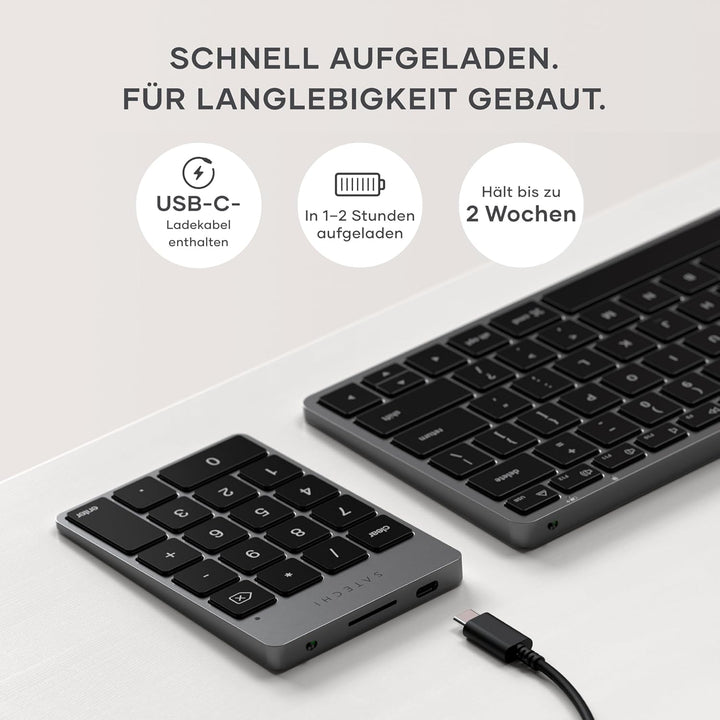 SATECHI Bluetooth Zahlenblock – Kabelloser Aluminium 18-Tasten Nummernblock – USB-C wiederaufladbare