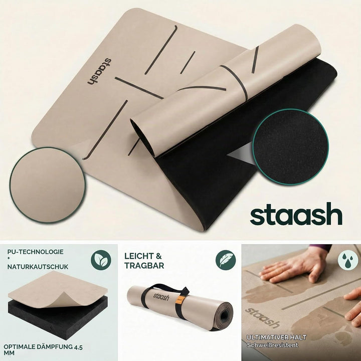 STAASH Premium Yogamatte Set – Rutschfest aus PU &amp; Naturkautschuk (4,5mm) – Inkl. Yoga Handtuch, Gur
