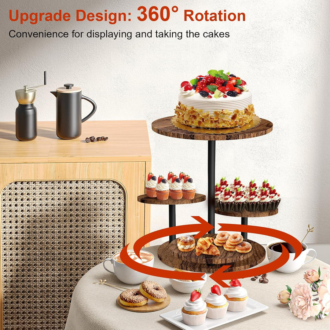 4 Etagen Kuchen und Cupcake Ständer aus Holz, 360° Drehbar Etagere für Desserts, Donuts, Kekse, Maca