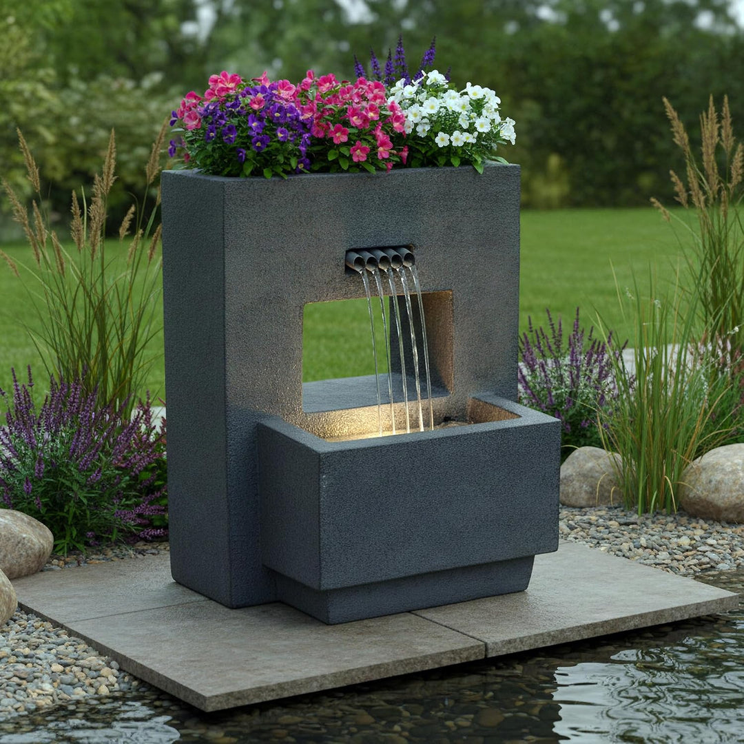 Gartenbrunnen mit Beleuchtung bepflanzbar Betonoptik 57 cm Springbrunnen Wasserspiel warmweiss Kaska