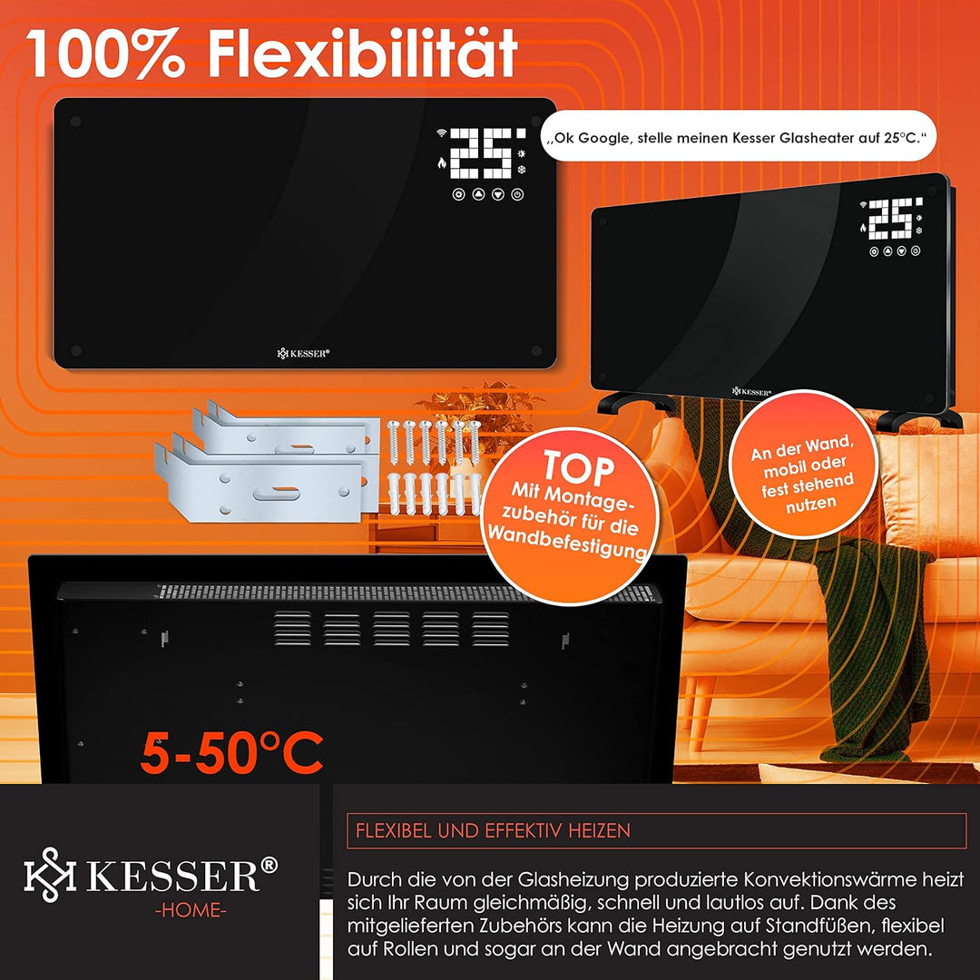 KESSER® Glaskonvektor Glasheizung Elektroheizkörper APP WiFi Funktion Inkl. Fernbedienung Elektrohei