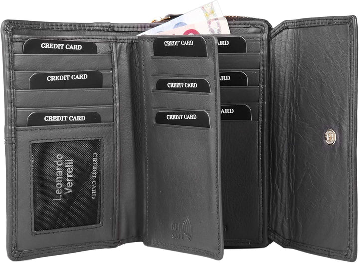 Damen - Geldbörsen Echt Leder Portemonnaie Gross 16 x 9,5 cm 3000105 (Grau), Grau