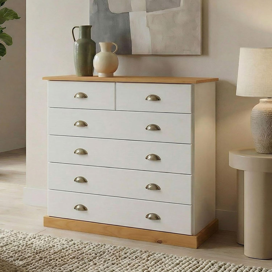 IDIMEX Schubladenschrank Paris aus Kiefer massiv in weiss/braun, Kommode mit Muschelgriffe, Apotheke