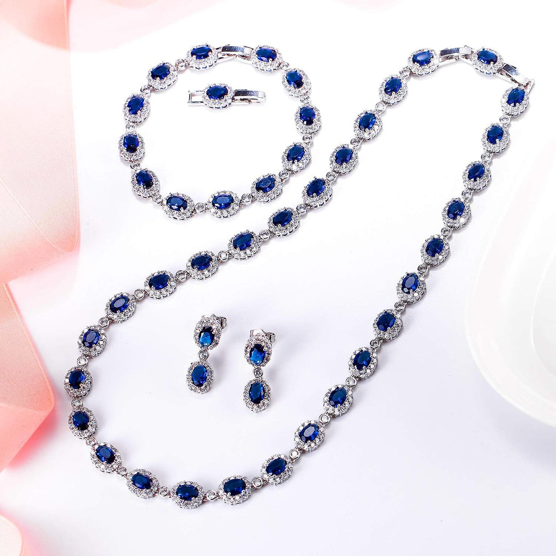 EVER FAITH Damen CZ Hochzeit Braut Oval Teardrop Halskette Ohrringe Armband Set Silber-Ton Blau Silb
