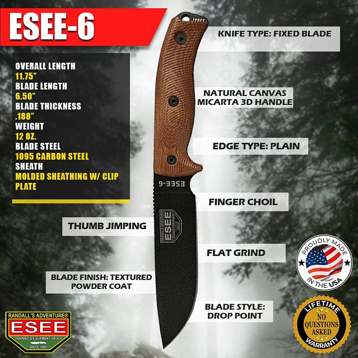 ESEE-6 1095 Karbonstahl-schwarze Klinge, natürliches Segeltuch Micarta 3D-Griff, schwarze Hülle, 6PB