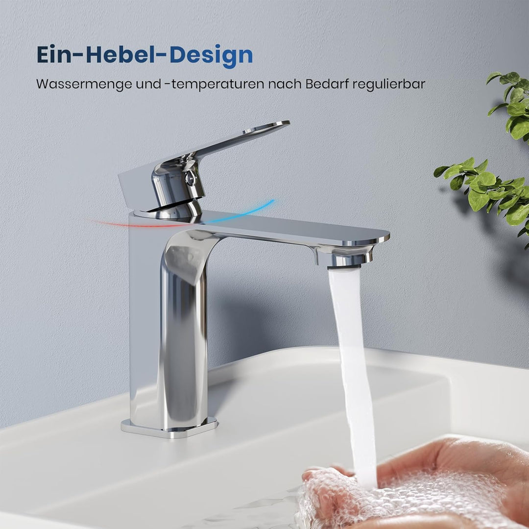 EMKE Waschtischarmatur Chrom, Wasserhahn Bad Mischbatterie Ultrathin, German 4MS Kupfer mit DVGW Zer