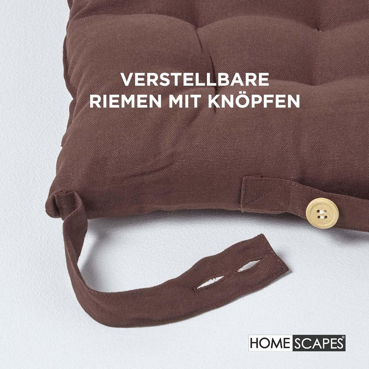 HOMESCAPES 4er Set Stuhlkissen 40 x 40 cm, braun, Sitzkissen mit Bändern und Knopfverschluss, einfar