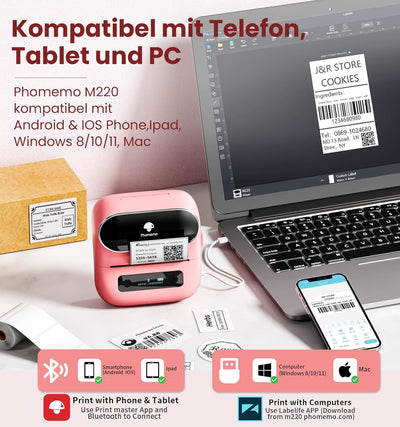 Phomemo M220 Etikettendrucker Thermo Bluetooth Barcode Tragbarer Etikettiergerät für Adressen,Mailin