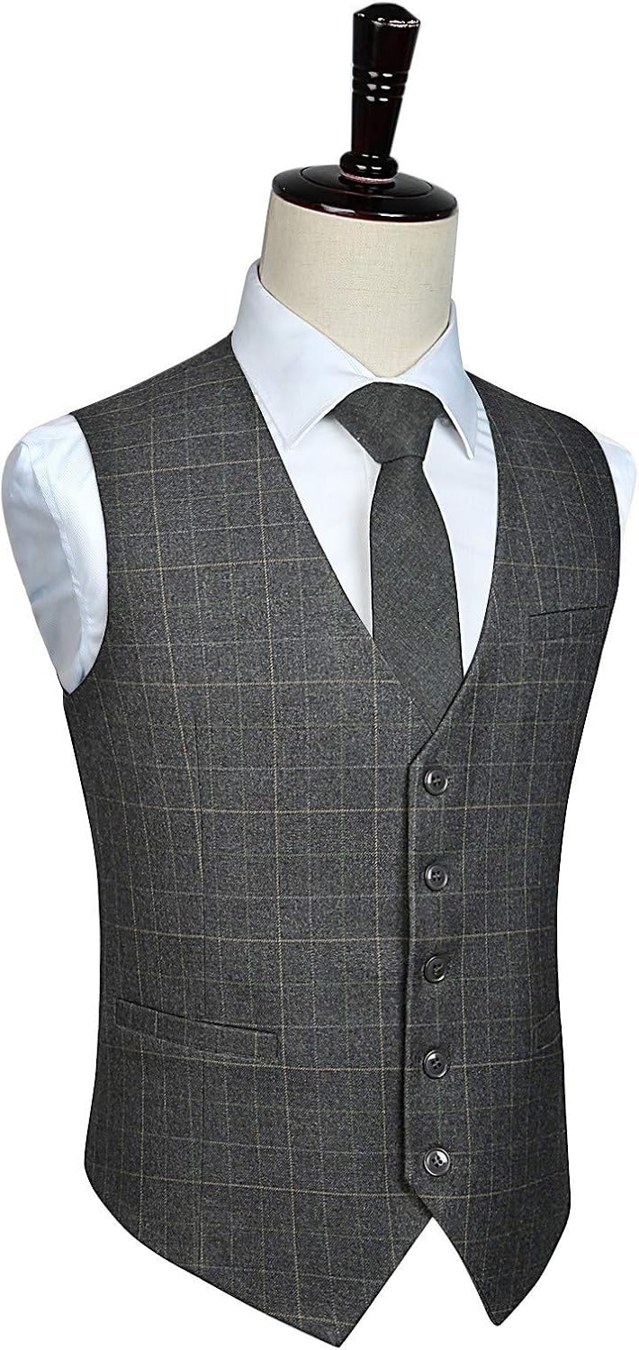 HISDERN Manner Formale Hochzeitsfeier Weste Baumwolle Plaid Kleid Anzug Weste für Herren hellgrau M,
