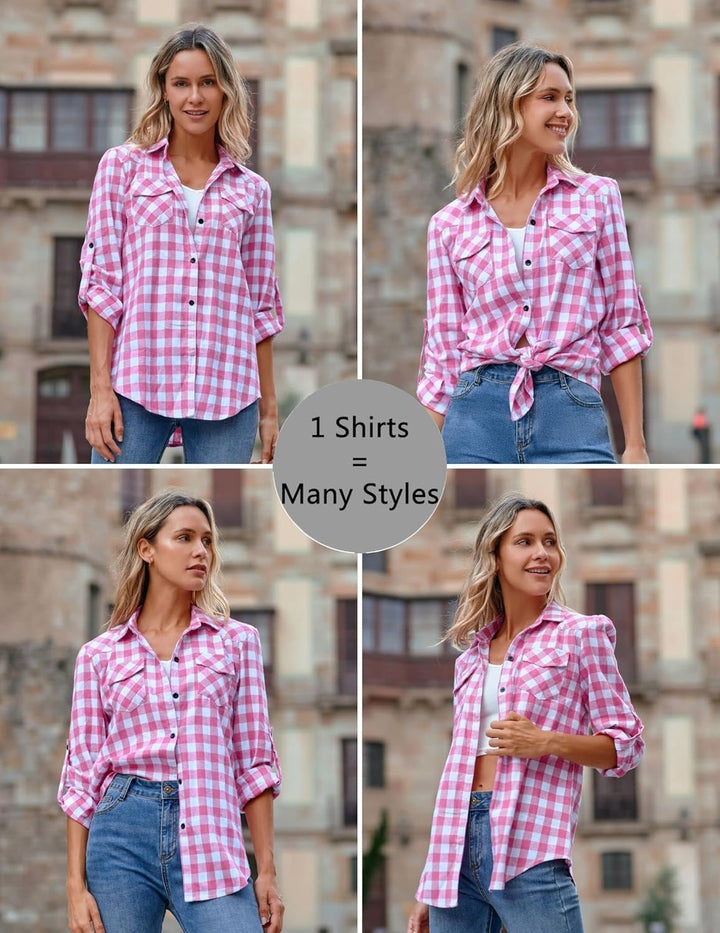 UNibelle Damen Kariertes Hemd mit Knopfleiste Kurz/Langarm Oktoberfest Bluse Karo Tunika Baumwolle T