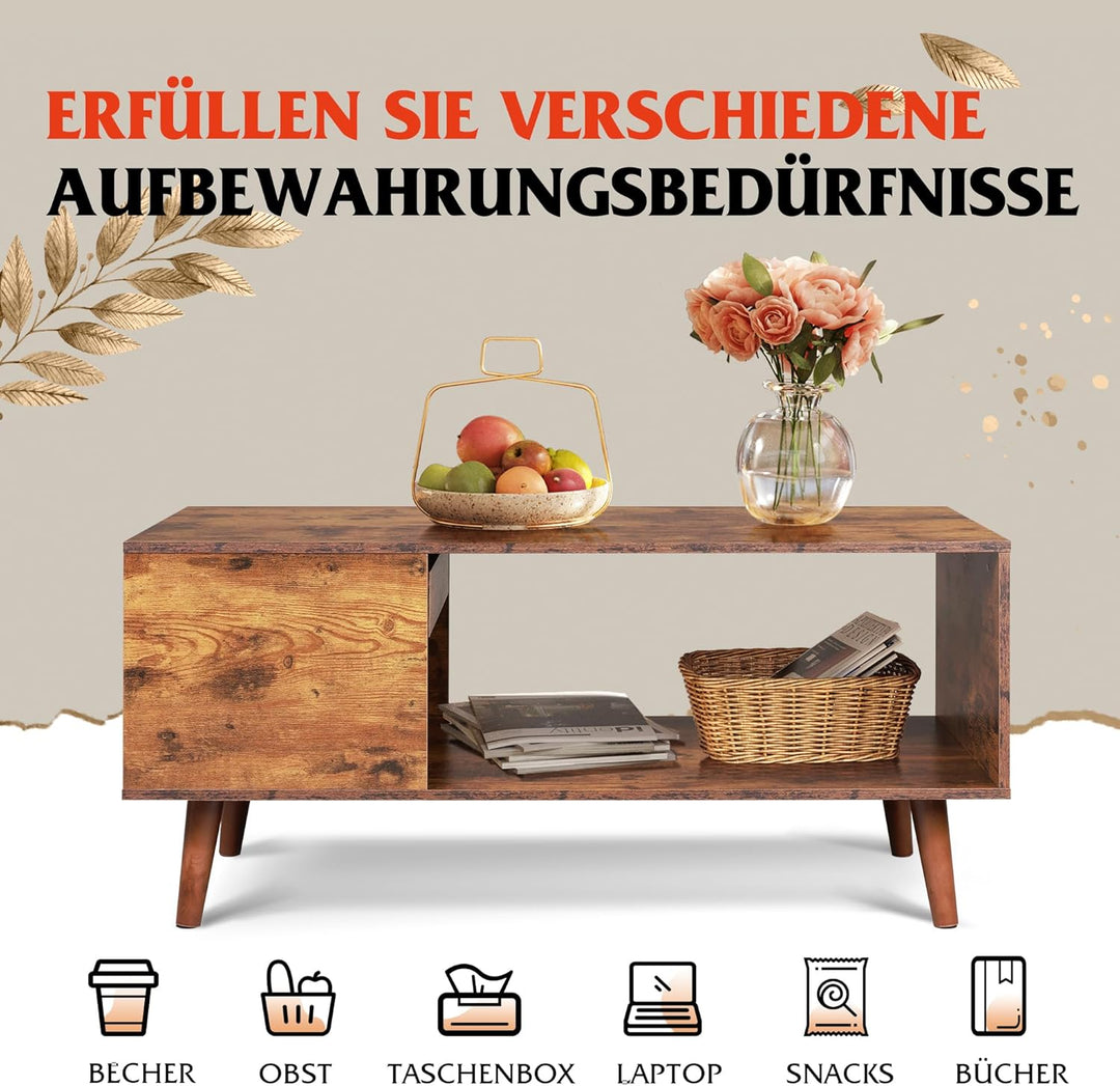 WLIVE Couchtisch Holz, Wohnzimmertisch mit Schubladen und Aufbewahrung,Wohnzimmer Tisch für Couch, S
