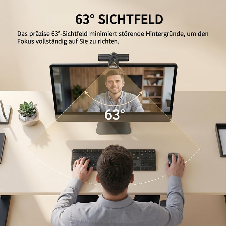 AIRHUG 4K 30fps Webcam-Sony 16MP Sensor,PDAF Autofokus,Auto-Lichtkorrektur,Zwei omnidirektionale Mik