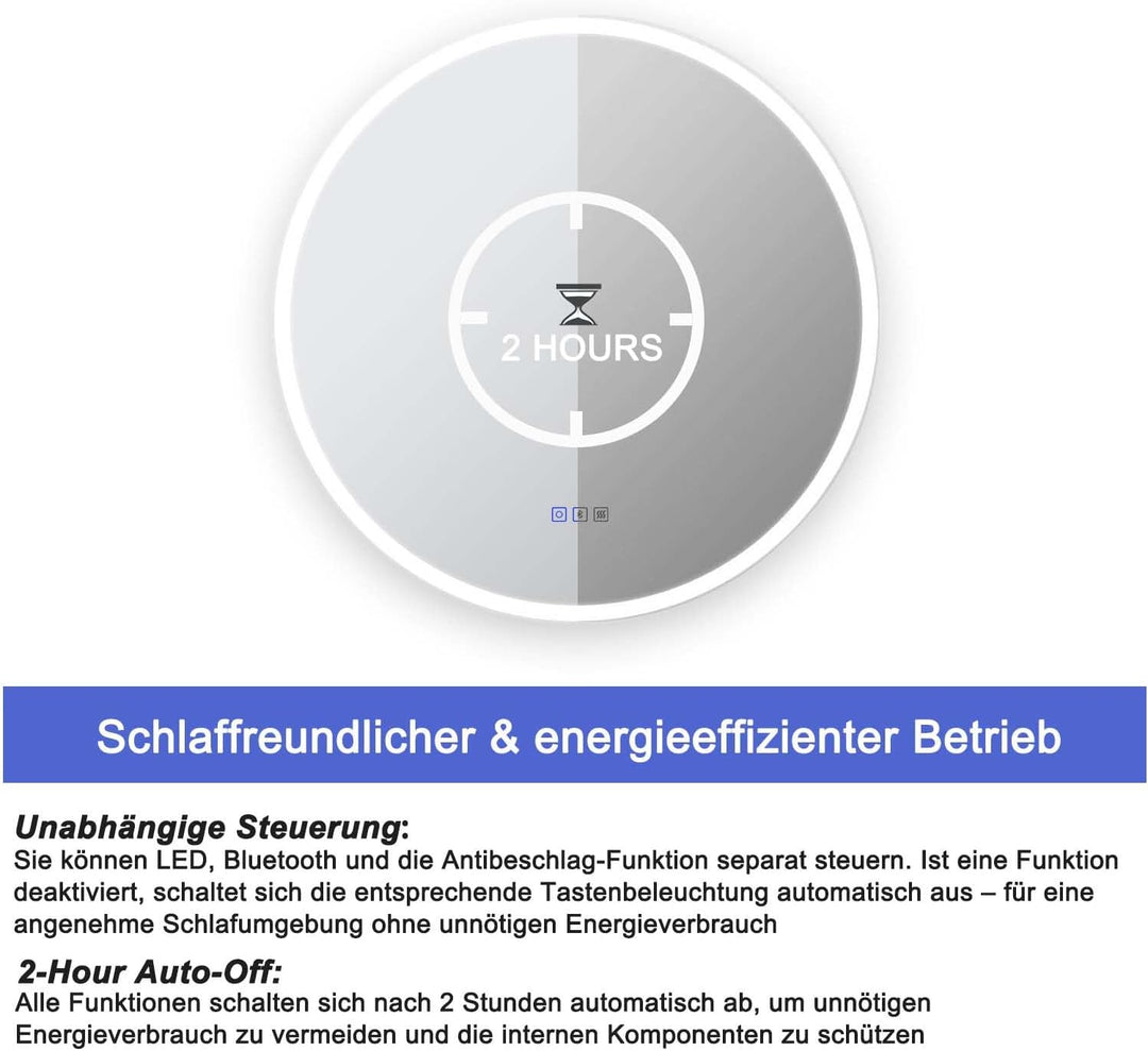 Finmrys Badspiegel mit Beleuchtung Rund 60 cm mit Bluetooth-Lautsprecher und Touch-Schalter Beschlag