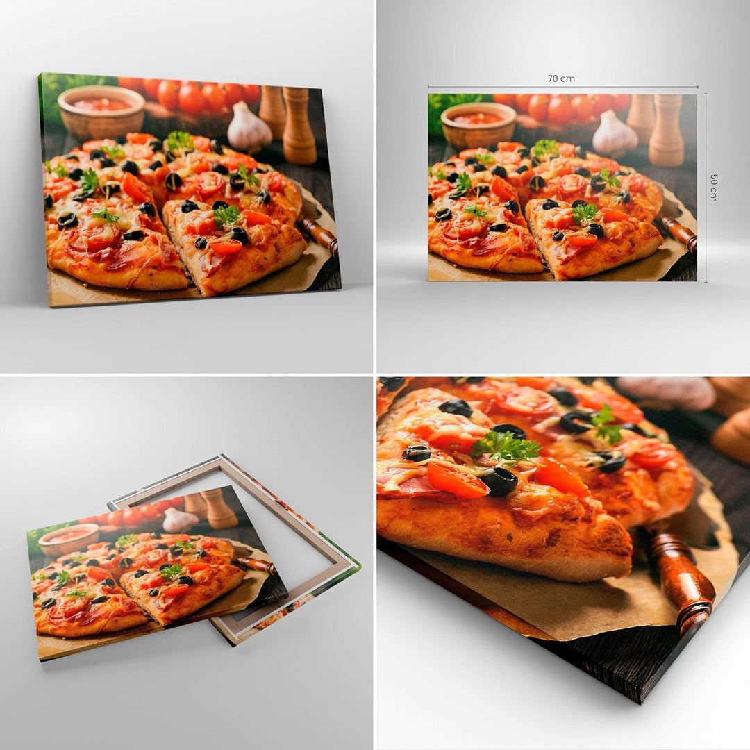 Bilder auf Leinwand Pizza Käse Tomaten Leinwandbild mit Rahmen 70x50cm Wandbilder Dekoration Wohnzim