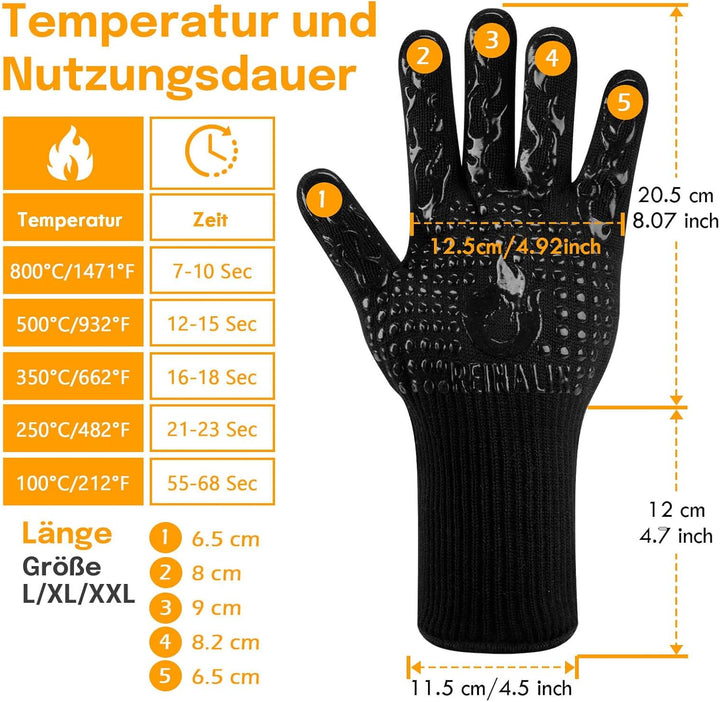 Reinalin Grillhandschuhe Hitzebeständig bis 800°C, Ofenhandschuhe Topfhandschuhe Feuerfeste Handschu