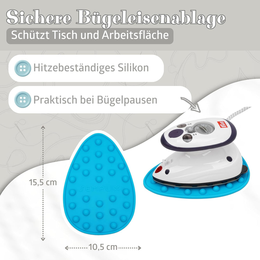 Prym Mini Dampf Bügeleisen mit SEMPLIX Silikon Ablage (türkis), Kleines Leichtes Dampf Bügeleisen Fü