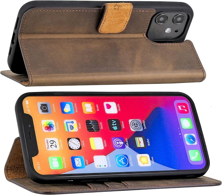 Suncase Book-Style Hülle kompatibel mit iPhone 12 Mini (5.4") Leder Tasche (Slim-Fit) Lederhülle Han