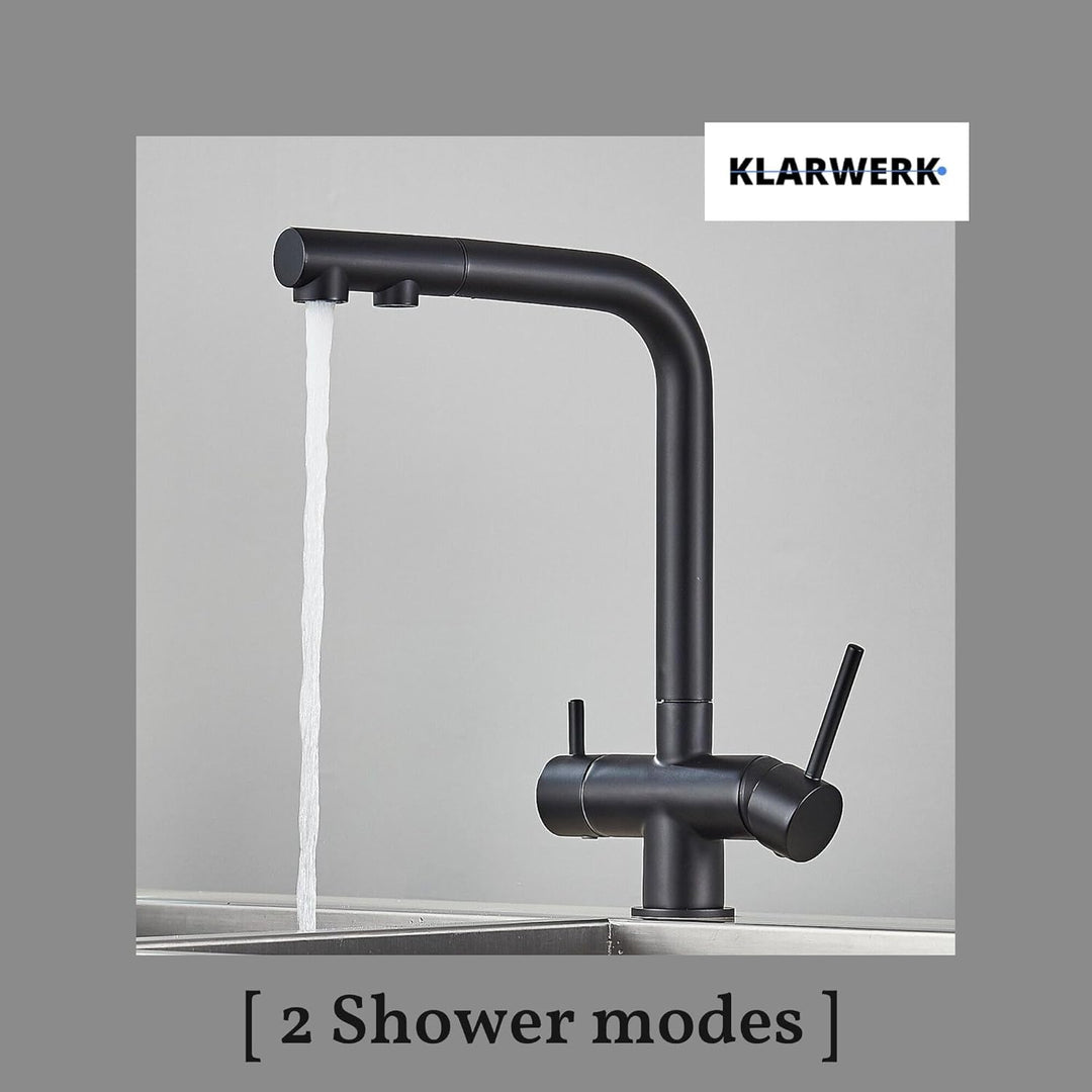 Felix | 3 Wege Premium Schwarz matt ausziehbare Armatur | Edelstahl Osmose Wasserhahn Küche |Mischba