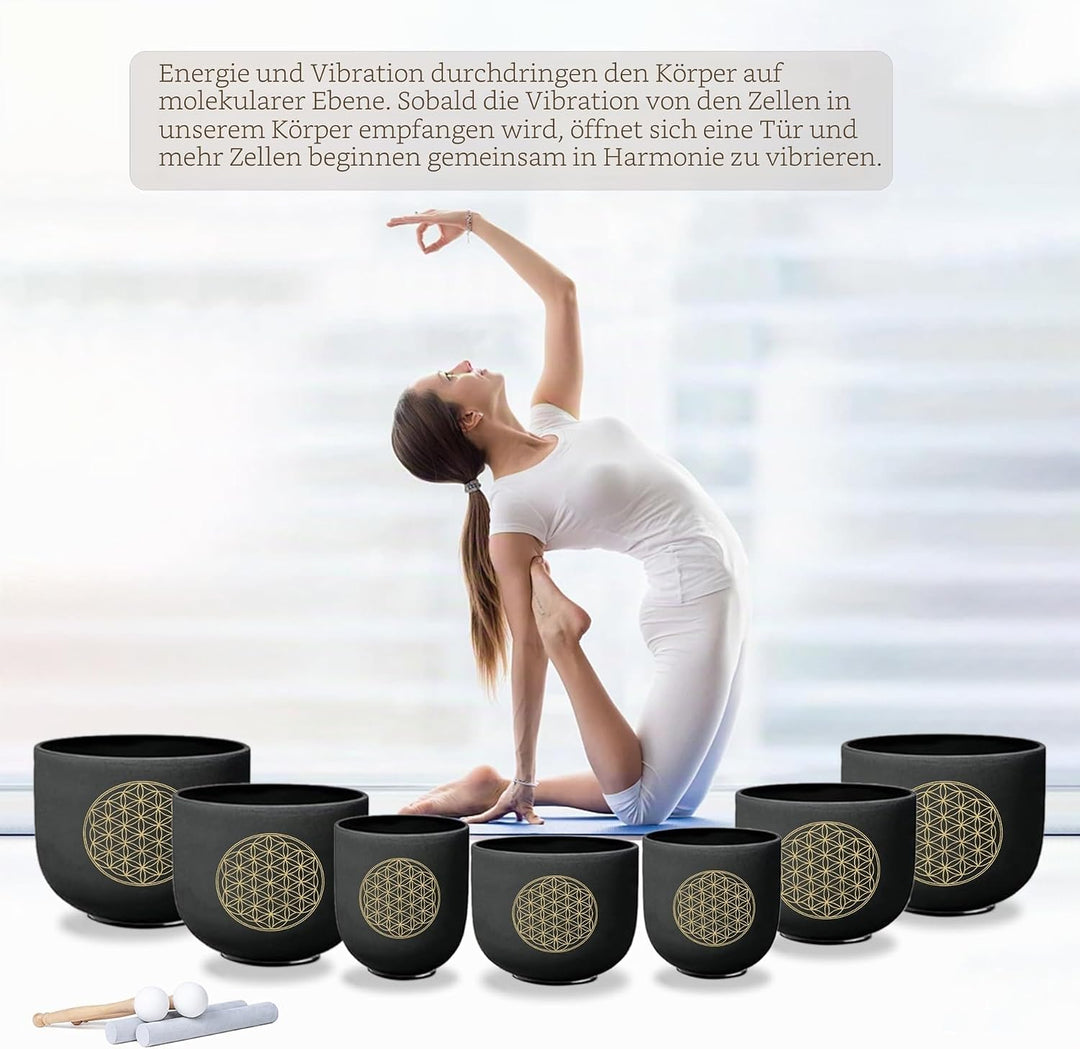 KVKA Kristall-Klangschalen Set, 6-12 inch 432Hz Schwarz Frosted Quarz Flower of Life Chakra Klangsch