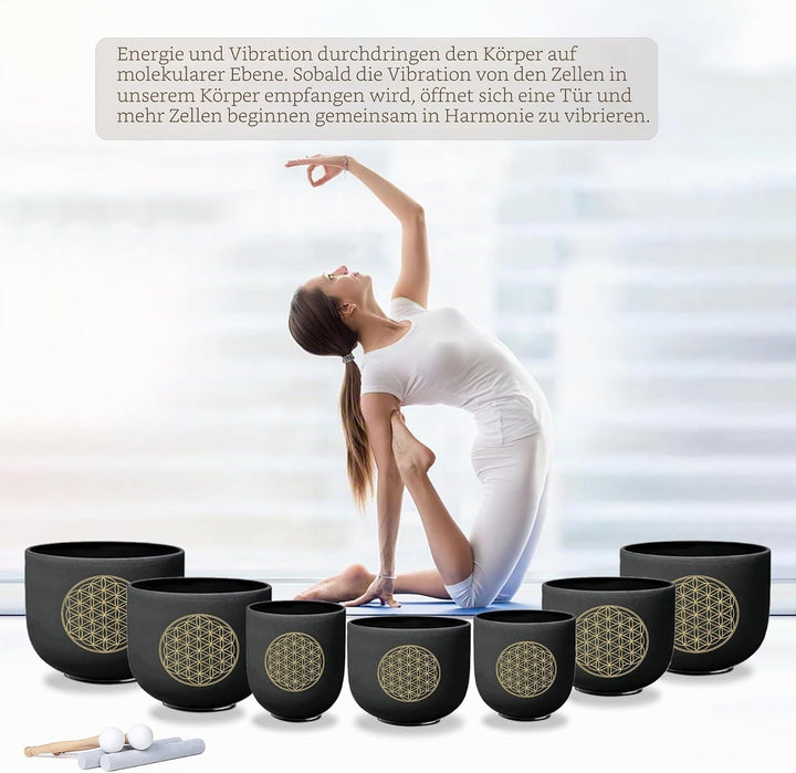 KVKA Kristall-Klangschalen Set, 6-12 inch 432Hz Schwarz Frosted Quarz Flower of Life Chakra Klangsch