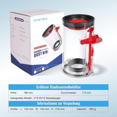 Grosser Staubbehälter Ersatz für Dyson V10 SV12 Staubsauger Ersatzteile, Verbesserter V10 Behälter,