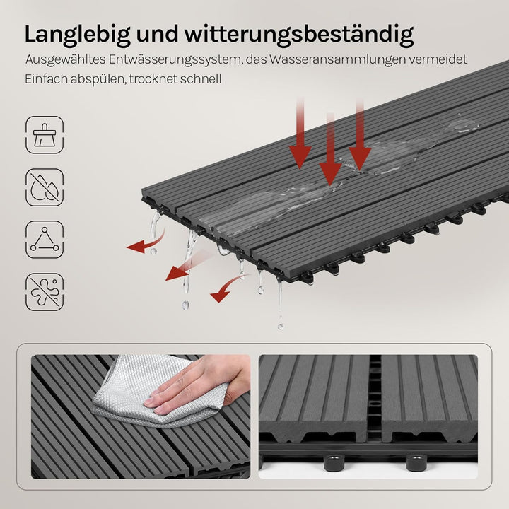 WOLTU WPC Fliese, Terrassenfliesen Holz-Optik, Bodenbelag mit Klicksystem, 30 x 60 cm, Grau (12 Stüc