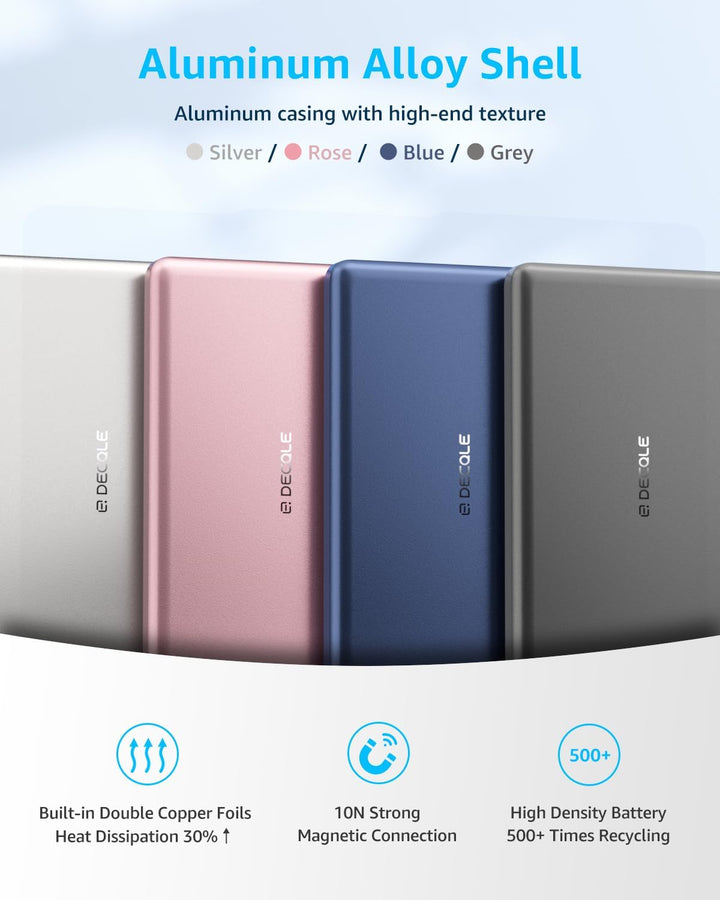 decqle “Air” Magnetische Powerbank für MagSafe, 5000mAh Ultra Slim Wireless Externe Akkupack mit USB