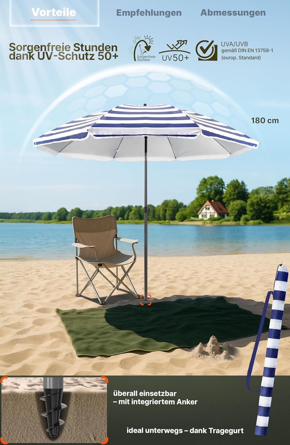 4smile Sonnenschirm für Strand und Balkon Ø 180 cm, Blau-Weiss - UPF 50+ Balkonschirm SunnyJoy, Stra