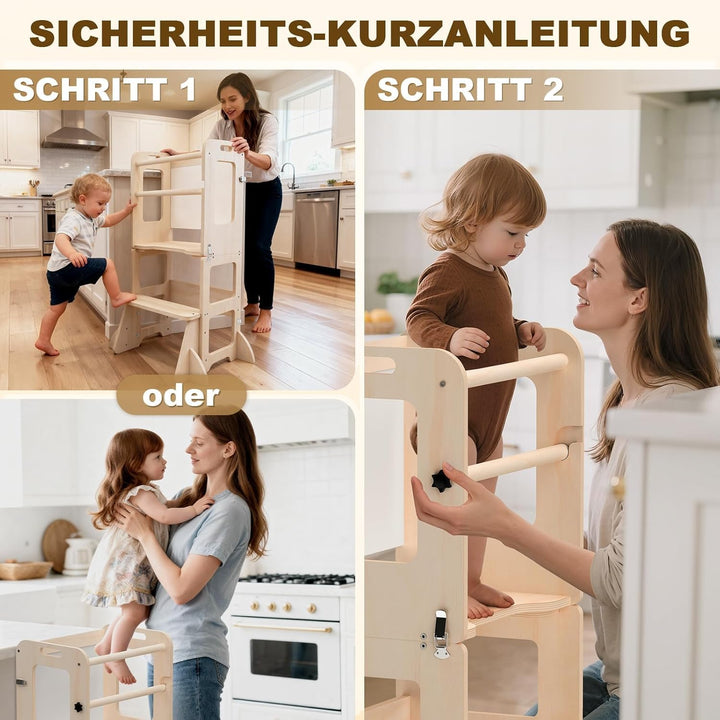 Montessori Lernturm ab 1 Jahr, 4 in 1 Montessori Learning Tower für Kinder mit Rausfallschutz, Lernt