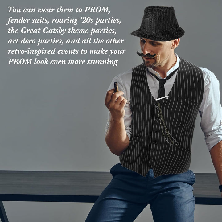 Blulu 1920er Jahre Herren Accessoires mit Weste Fedora Hut Taschenuhr Hosenträger Krawatte (Schwarz