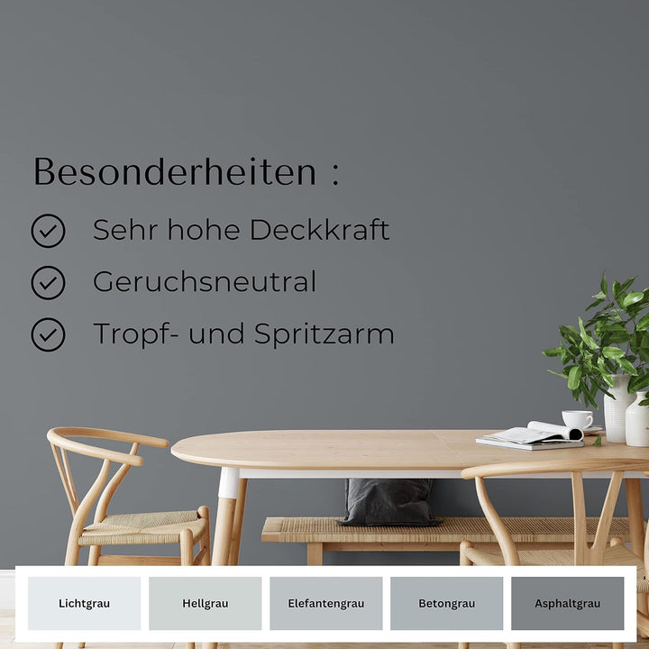 derendo Fühl Dich Wohl Deine Farbe grau, matte Wandfarbe grau, hohe Deckkraft, verschiedene Grautöne