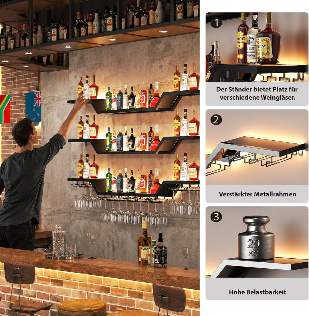 Wand Weinregal mit LED Beleuchtung, 3 Ebenen Weinpareite Display, 100cm | Schwebende Barregale mit G