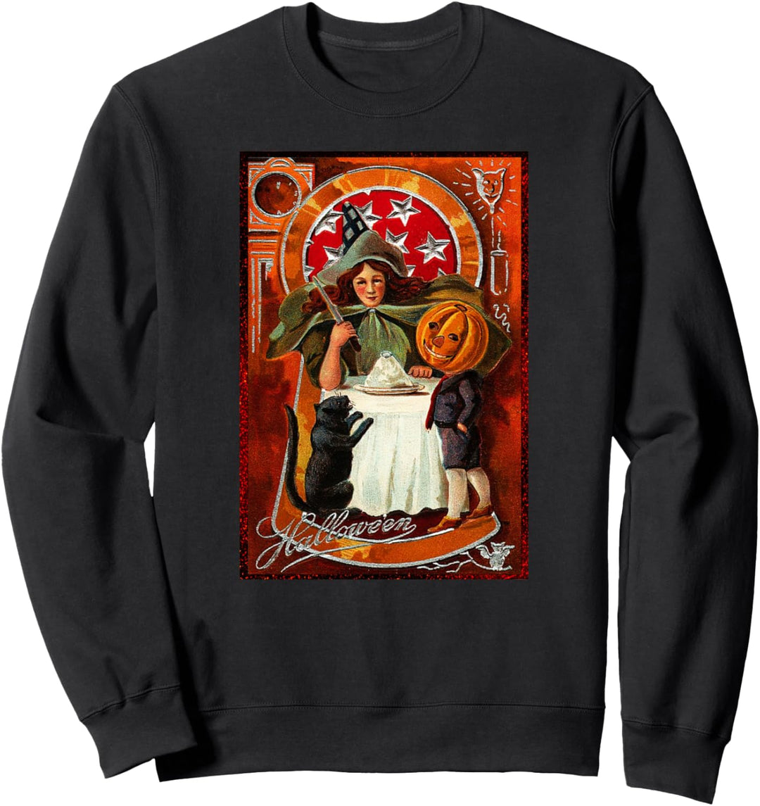 Vintager Halloween-Hexe-Katzen-Kürbis, der Geschenk schnitzt Sweatshirt