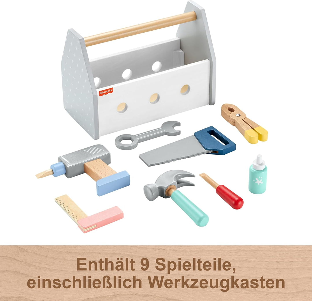 Fisher-Price Holz-Werkzeugkasten, Rollenspiel-Spielset mit Spielzeugbohrer, 9 Spielteile aus Holz fü