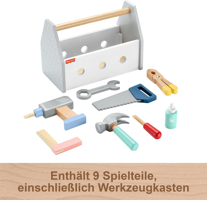 Fisher-Price Holz-Werkzeugkasten, Rollenspiel-Spielset mit Spielzeugbohrer, 9 Spielteile aus Holz fü