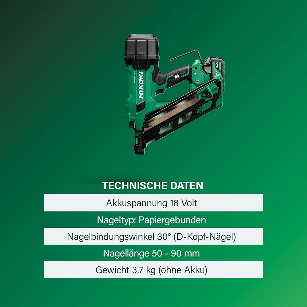 HiKOKI Akku-Streifennagler 34° - 18 V, 50-90 mm Nägel - Leistungsstark, LED-Licht, Brushless Motor,