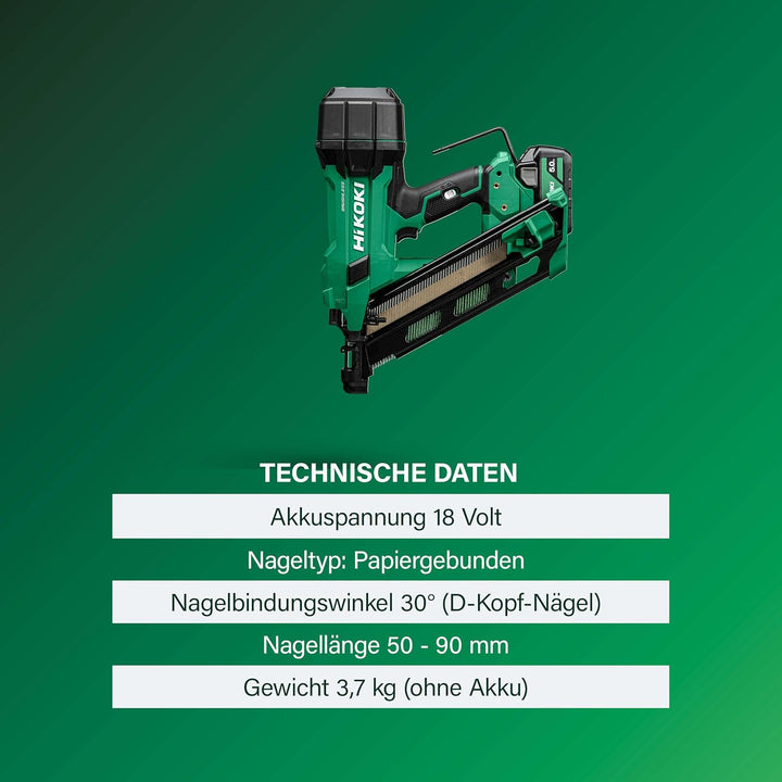 HiKOKI Akku-Streifennagler 34° - 18 V, 50-90 mm Nägel - Leistungsstark, LED-Licht, Brushless Motor,