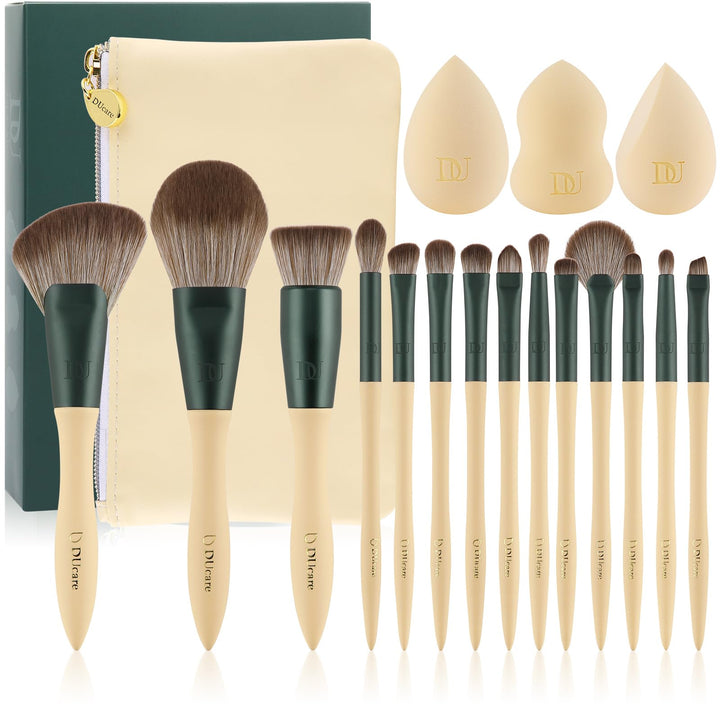 DUcare Make up Pinsel Set 14 Stücke mit 3 Make up Schwämmen und Kosmetiktasche – Limetten-Serie Prem
