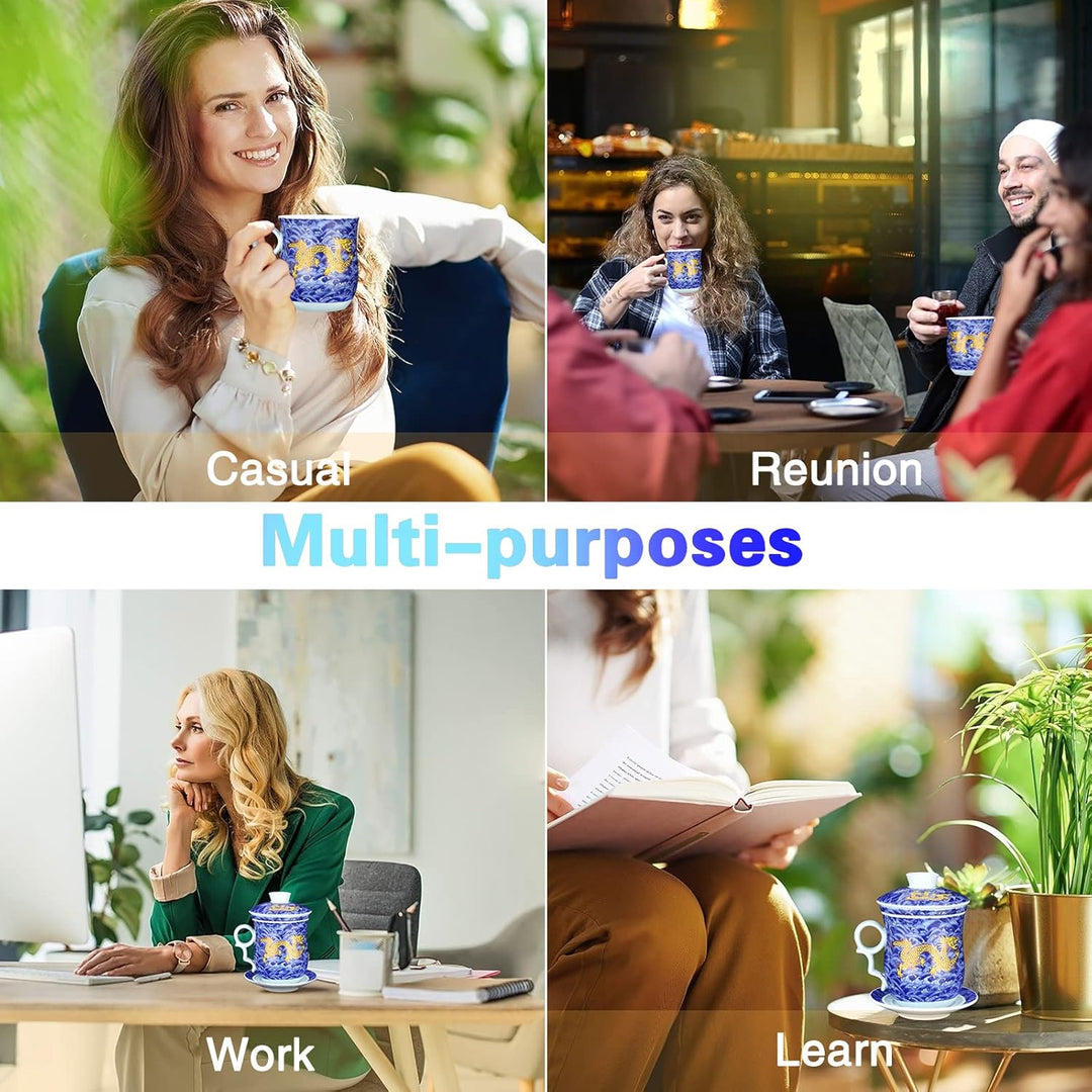 YURROAD 400ml Chinesische Teetasse, 4 in 1 Tee Becher Porzellan mit Sieb/Infusor/Deckel und Untertas