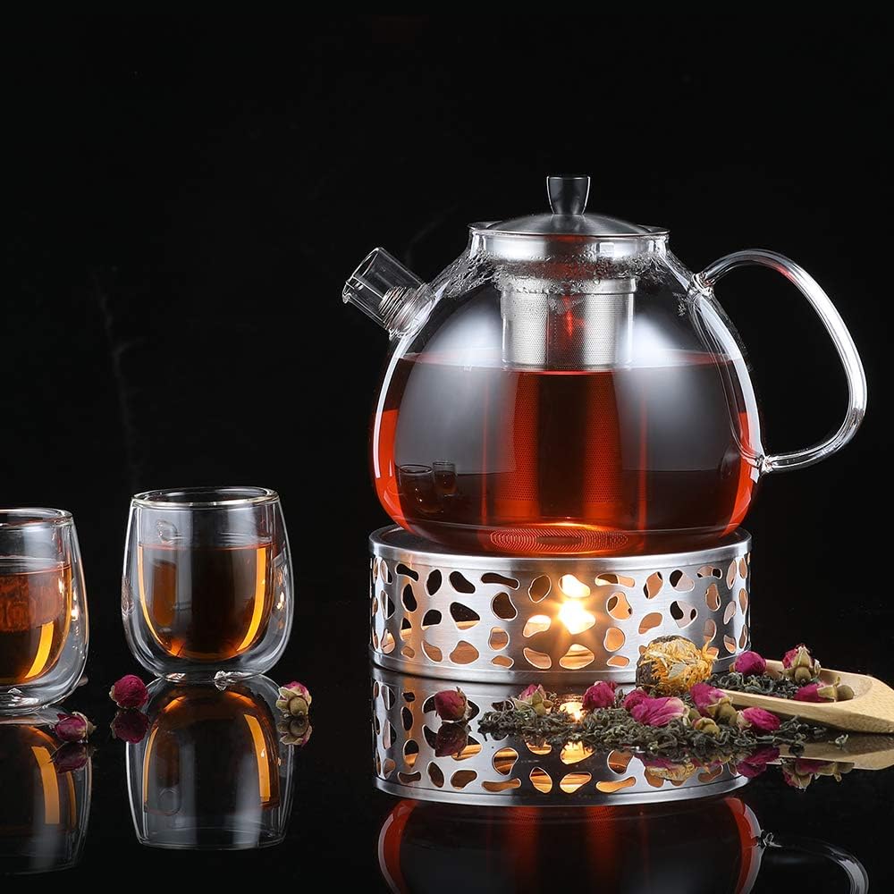 Ecooe 1.5L Teekanne mit Stövchen, Teekanne Glas und Teewärmer Edelstahl Silber 1500 ml, Silber 1500