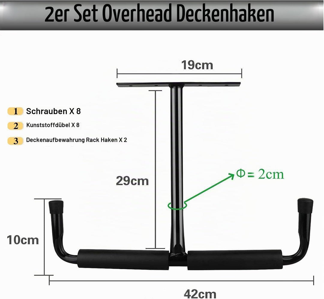 Garage Schwerlasthaken Gummiert Deckenmontag, 2er Set Autoreifen Deckenhaken Schwarz Stahl Doppelt S