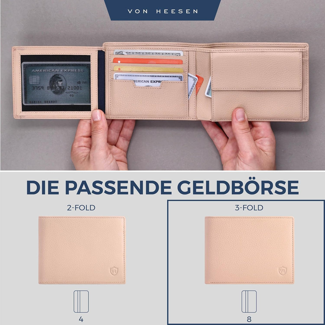 VON HEESEN Leder Geldbörse RFID Schutz I Echtleder Geldbeutel für Damen & Herren I Portemonnaie Brie